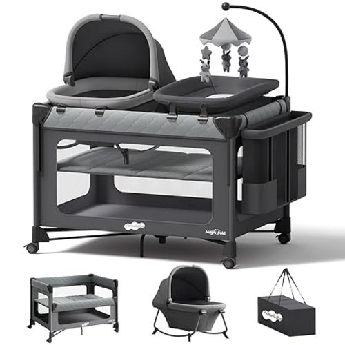 Pamo Babe Pack and Play with Bassinet - 7 in 1 One-Step Setup Bedside Crib, Portable Playpen, Travel Crib, Baby Playard with Diaper Changing Station, Toy Bar & Large Storage Bag