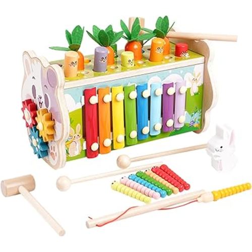 Montessori Toys for 1 Year Old, (8 in 1) ,Wooden Hammering Pounding Toy , Whack A Mole Game for Toddlers Xylophone Fishing Game, Toddler Activities for Baby Girl Boy Age 1 2 3 Years Old Birthday Gift