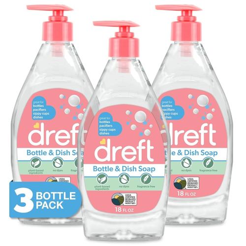 DREFT Bottle and Dish Soap | Made to Clean Baby Bottles, Sippy Cups, Pacifiers, Breast Pumps, & More | Gently Removes Milk Film & Odors | Plant Based, Fragrance Free Dish Soap | 18 Fl Oz (Pack of 3)