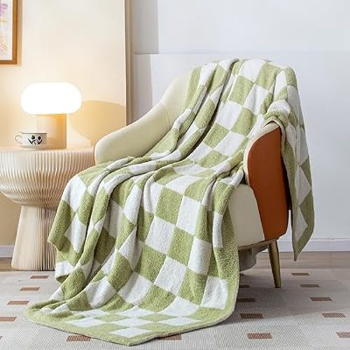 SeaRoomy Checkered Blanket, Ultra Soft Knitted Blanket Queen Size, Warm Cozy Fluffy Microfiber Reversible Checkerboard Bed Blanket for All Seasons Sage Green Decor(Sage Green, 90"×90")