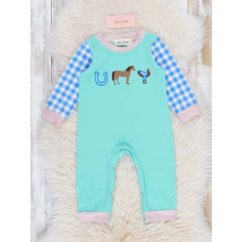 Embroidered Horsing Around Gingham Romper
