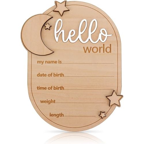 Wooden Baby Welcome Plaque, Newborn Name Board - Hello World, Birth Announcement Sign for Photo Props, New Baby Shower