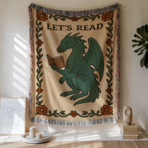Reading Dragon Woven Cotton Blanket: Fantasy Book Lover Throw