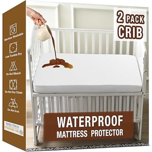 Crib Mattress Pads 2 Pack, Waterproof Crib Mattress Protector for Babies and Toddlers, Soft Breathable Noiseless Mattress Cover for Standard Baby Crib