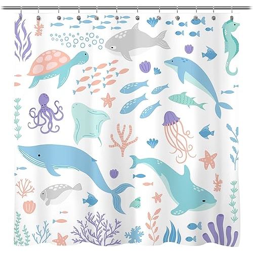 Sunlit Lovely Cartoon Pastel Colors Aquarium Baby Shower Curtain, Ocean Creatures Light Blue Fabric Shower Curtain for Kids, Turtle Dolphins and Fishes Coral Bathroom Decor Curtain for Children
