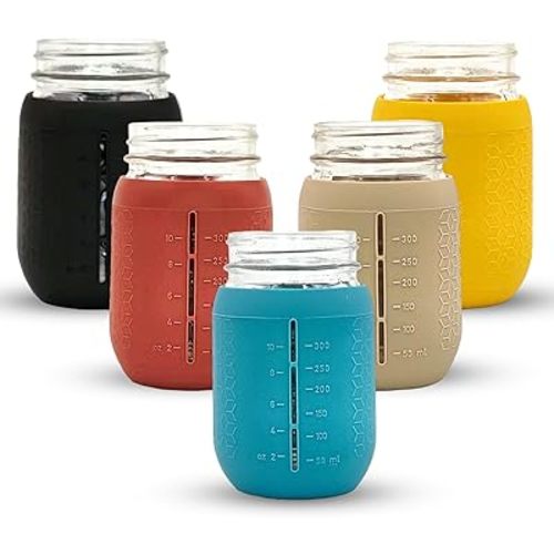 Silicone Mason Jar Sleeves Autumn Winter Set | Anti-Slip Protectors for Regular Mouth 16oz Jelly Canning Jars | Cup Holders with Measurement Markings | Dishwasher Safe Jar Jackets - 5 Pack