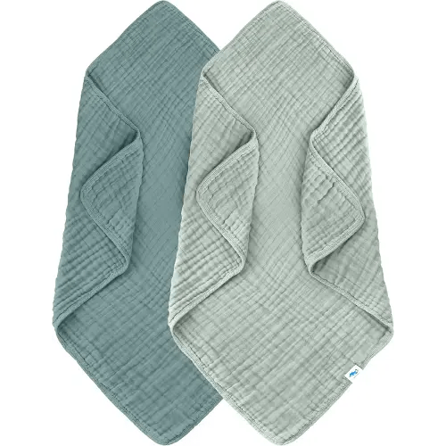 SWEET DOLPHIN Muslin Baby Bath Towels Blanket - 2 Pack 100% Cotton Towel for Babies, Infants, Toddlers - 40x40Inch - Highly Absorbent, Light Emerald