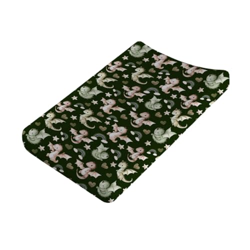 Cute Baby Dragons Love Baby Changing Pad Covers for Boy Girl 32''x16'' Fairytale Dragons Rainbow Hearts Stars Fitted Diaper Change Table Mats Jungle Animals Soft Breathable Cradle & Bassinet Sheets