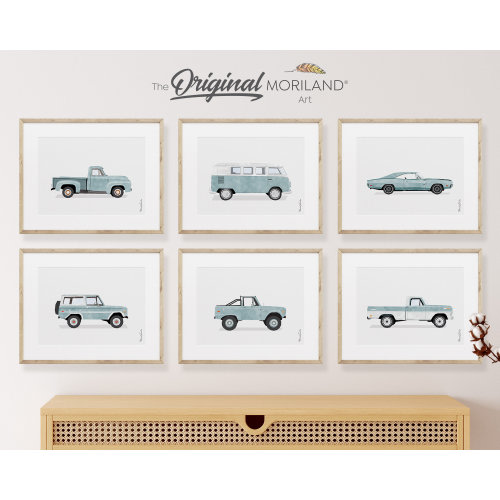 Pale Blue Classic Cars Art Prints - Printable Set of 6, Car Poster, Boy Nursery Decor, Car Prints, LAND140 | MORILAND®