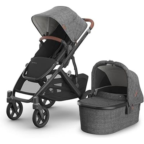 UPPAbaby Vista V3 Stroller + Bassinet V3 - Convertible Single-To-Double Stroller System- Bassinet, Toddler Seat, Bug Shield, Rain Shield Included-Greyson (Charcoal Mélange/Carbon Frame/Saddle Leather)