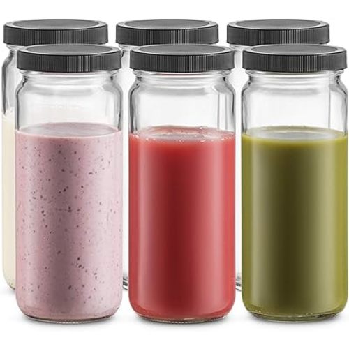 Travel Glass Drinking Bottle Mason Jar 16 Ounce [6-Pack] Plastic Airtight Lids, Reusable Glass Water Bottle for Juicing, Smoothies, Kombucha, Tea, Milk Bottles, Homemade Beverages Bottle,
