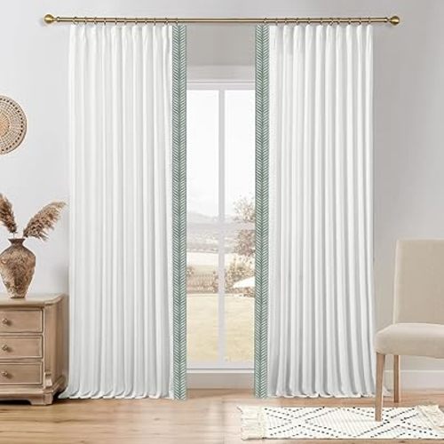 Blackout Linen Curtains, Pinch Pleated Green V Tape Trim Curtains for Bedroom, Living Room, 60 Width 100 Inch Long, Snow White, 1 Set