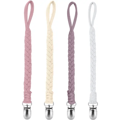 Pacifier Clip Holder for Boy and Girl Unisex Design Universal Handmade Braided Rope Paci Clip Easy to Use 4 Pack(Purple)