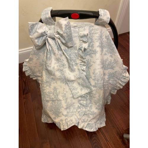 Light Blue, Pink, or Gray Toile Car Seat Canopy with Large Bow and Ruffle, Monogrammed Car Seat Tent, Personalized Baby Shower Gift