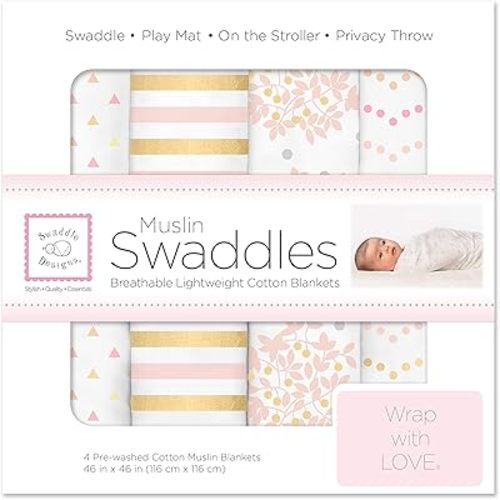SwaddleDesigns Cotton Muslin Swaddle Blankets, Set of 4, Receiving Blankets for Baby Boys & Girls, Best Shower Gift, 46x46 inches, Pink Floral & Stripes