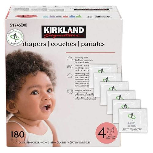 Kirkland Signature Diapers Size 4 (22 lbs - 37 lbs) 180 Count W/ Exclusive Health and Outdoors Wipes - Size 4 (180 Count)