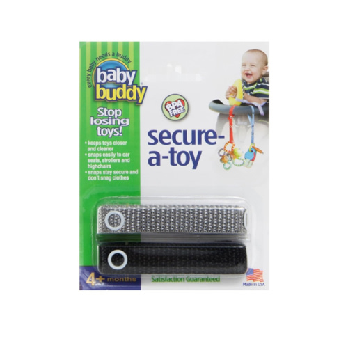 Baby Buddy Secure-a-Toy, Adjustable Pacifier and Teether Strap for Stroller, Highchair, and Car Seat, Black Gray, 2 Pack