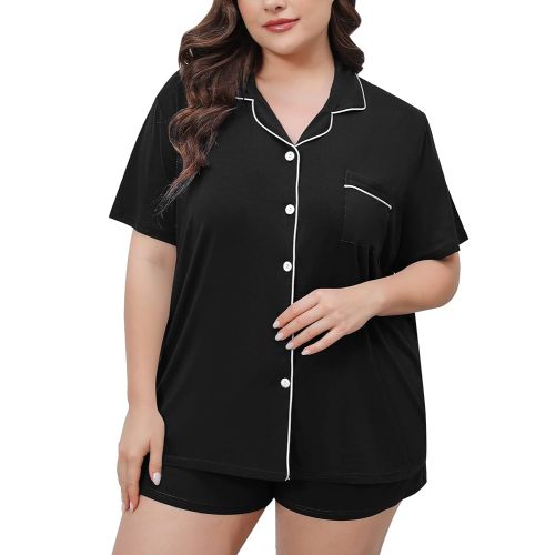 SWOMOG Women's Plus Size Pajamas Set Button Down Tops Short Sleeve Sleepwear Soft Pajama Shorts 2 Pcs Lounge Sets With Pocket