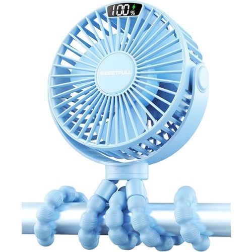 SWEETFULL Portable Stroller Fan with Display 4000mAh Battery Powered Mini Clip On Fan, 4-Speed Rechargeable Small Personal Cooling for Baby Car Seat Crib Travel - Blue