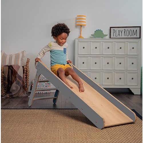 Avenlur Indoor Folding Slip and Slide for Kids - Easy Set Up, Easy to Store Playset, Safe Toy for Toddlers, Foldable Wooden Large First Slide with Extra Long Slipping Slope Ages 1.5-4 Years (Gray)