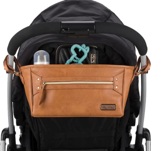 Itzy Ritzy Adjustable Stroller Caddy and Organizer Bag Featuring Front Zippered Pocket, 2 Built-in Interior Pockets & Adjustable Straps to Fit Nearly Any Stroller (Cognac)