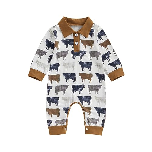 SAYOO Western Baby Cowboy Clothes Neutral Zipped Fall Romper Outfit for Boy Girl Infant Lapel Cow Print One-piece Jumpsuit