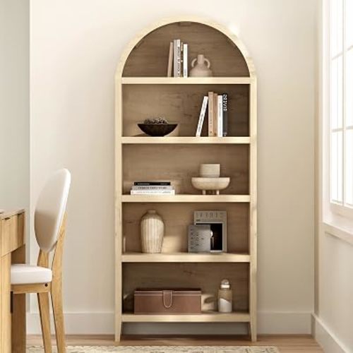 Tall Arched Bookshelf, 5-Tier Farmhouse Large Open Display Cabinet, 71" Modern Wood Bookcase with Adjustable Shelves Organizer Rack Large Kitchen Pantry Storage Cabinet Light Oak