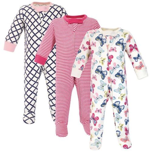 Touched By Nature Baby Girl Organic Cotton Zipper Sleep And Play 3pk, Bright Butterflies, 6-9 Months