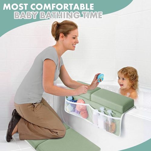 beiens Bath Kneeler and Elbow Rest Pad Set - 1.5'' Comfortable Thick Baby Bath Kneeler Pads, Quick Dry Kneeling Pad for Baby Bath Time, Non-Slip Knee & Arm Support Bathtub Mat with Toys Organizer - Grey Green