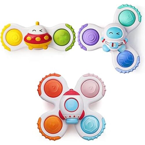 LiKee Strong Suction Cup Fidget Rotating Sensory Bath Toys for Baby Christmas Stocking Stuffers, Airplane Car Travel Table & Window Toys for Toddler Boys and Girls, 12+ Months