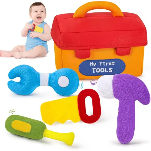 KMUYSL Baby Toys 0-6-12 Months, My First Tools Plush Toys -4 Pcs Sensory Playset Soft Toys with Squeaker Crinkle for 0-6-9-12 Months Newborn Infant, Birthday Christmas Gifts for Boys Girls