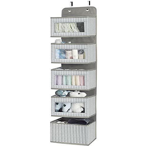 Over the Door Hanging Organizer with 5 Large Pockets - Wall Mount Pantry Storage with Clear PVC Window & 2 Big Metal Hooks for Closet,Bathroom,Nursery,Bedroom,Dorm,Baby Diapers,Kids Toys (Gray)