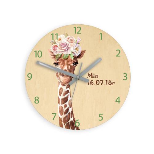 Personalized wooden clock - giraffe with flowers, with name, dates, clock with numbers, children silent clock