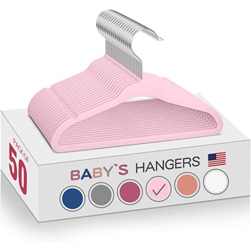 Pink Velvet Kids Hangers 50 Pack - 11" Ultra Thin Non-Slip Clothes Hangers for Baby/Toddler/Daycare | 360° Rotating Hooks, Space-Saving Nursery Organization