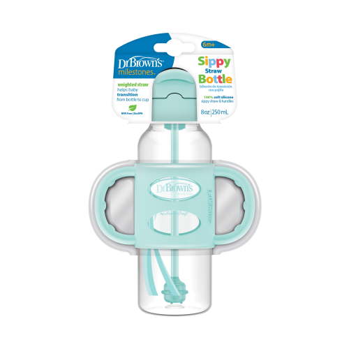 Dr. Brown's Milestones Narrow Sippy Straw Bottle, 100% Silicone Handles, 8oz/250ml, Green, 1 Pack