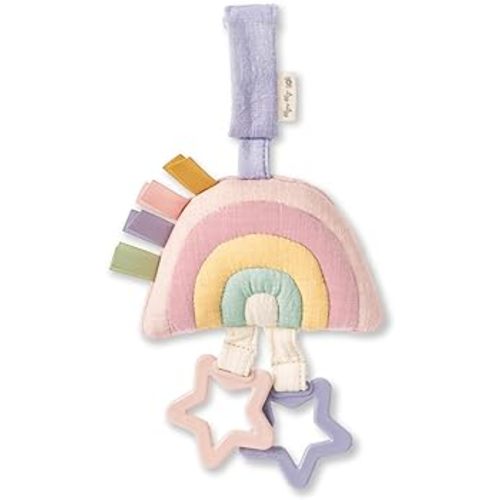 Itzy Ritzy Jingle Travel Toy for Stroller, Car Seat or Activity Gym - Baby Hanging Toy Features Jingle Sound, Clinking Rings & Adjustable Attachment Loop (Pastel Rainbow)