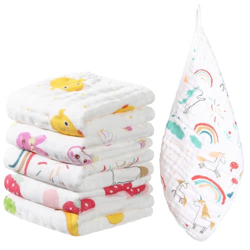 THSAM Muslin Burp Cloths 100% Cotton 20''x10'' Hand Washcloths for Baby, Super Soft and Absorbent 6 Layers Baby Burping Cloth for Boys Girls (Rainbow & Animals, 6 Pack)