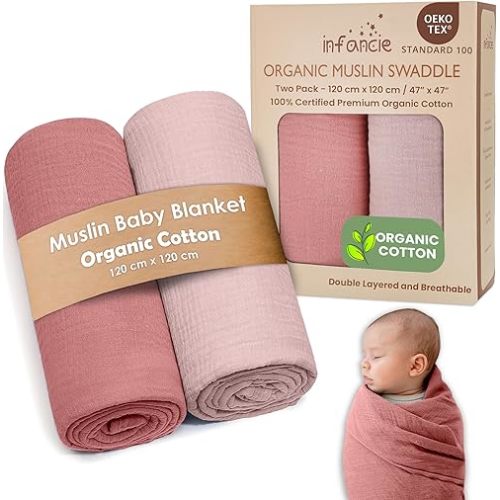 Organic Cotton Muslin Baby Blanket - 47x47 Inch Breathable Swaddle, Hypoallergenic Double-Layer, Versatile Use (Rose/Peach)
