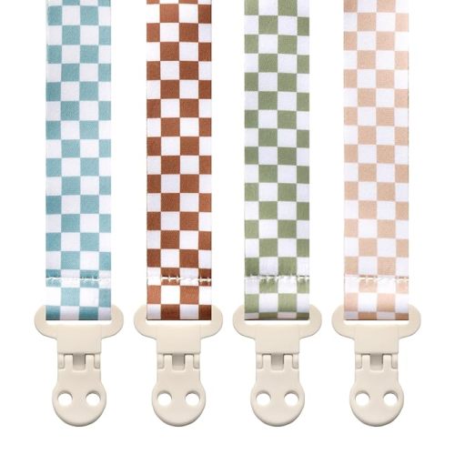 Baby Pacifier Clip Holder - Girl or Boy Unisex 4 Pack Gift Set – Neutral Modern Retro Checker Green Blue Brown Beige - Check M