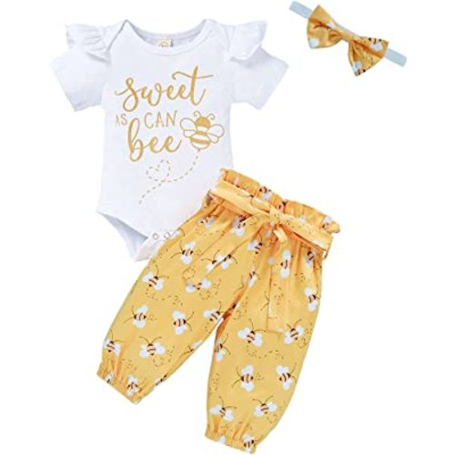 GRNSHTS Infant Baby Girl Bumble Bee Clothes Letter Print Romper Honey Bees Pants Bowknot Headband Outfits Set