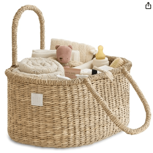 BEBE BASK Premium Baby Diaper Caddy Organizer - Artisan-Made Seagrass Basket With Cotton Divider - Award-Winning & Luxury Diaper Caddy Basket (ROSA)