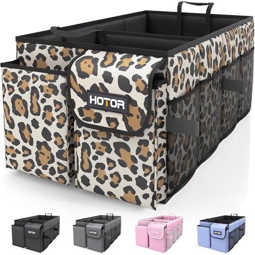 HOTOR Foldable Trunk Organizer - Leopard, SUV & Sedan Fits, 2 Compartments, 21.3"12.6"10.6" Sturdy Car Organization for Tools, Accessories, Sundries