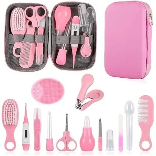 Baby Grooming Kit, Infant Safety Care Set with Hair Brush Comb Nail Clipper Nasal Aspirator,Baby Essentials Kit for Newborn Girls Boys (Pink Baby Grooming kit)