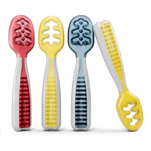 NumNum Baby Spoons Set, Baby Essentials Pre-Spoon GOOtensils for 6+ Months, First Stage Self-Feeding Spoons for Baby Led Weaning (BLW), Silicone Toddler Utensils, BPA-Free, 4 Pack Primary Colors