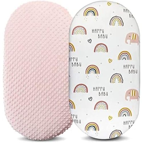 Owlowla Bassinet Sheet Set,Ultra Soft Minky Cradle Sheets Universal Fitted Bassinet Pad/Mattress for Baby Boys Girls(Pink/Rainbow)