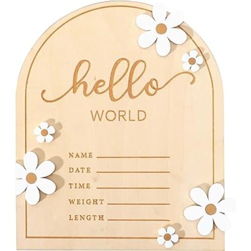 Wooden Hello World for Baby Showers - Newborn Birth Announcement Board,Daisy Wooden Baby Milestone Card,Welcome Baby Shower Gifts,Hello World Hospital Nursery Information Record Board (HELLO WORLD)