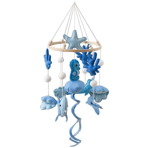 Ocean Blue Jellyfish Theme Crib Mobile,Hand-Sewn Cotton Wooden Nursery Mobile,Baby Mobile Soothing Crib Toys That can be Hung from The Ceiling,Baby Shower Photo Props for Boys