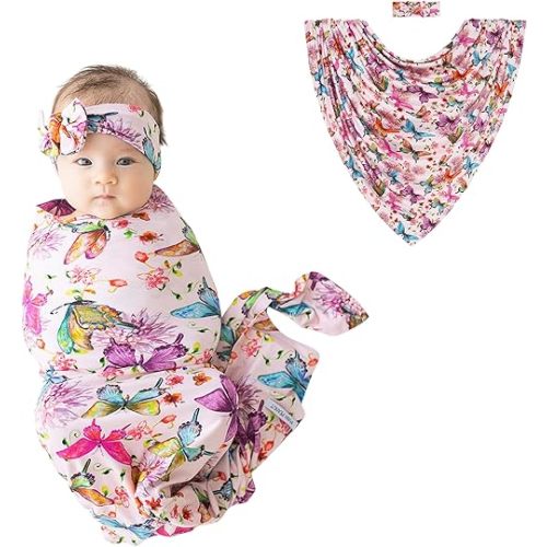 Posh Peanut Swaddle Blanket & Headband Set – Viscose from Bamboo Stretchy Baby Swaddle for Newborn Girls, Receiving Blanket or Nursing Cover (Watercolor Butterfly)