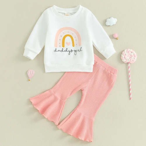 Baby Toddler Girls 2Pcs Fall Outfits Long Sleeve Letter Rainbow Daddy's Girl Print Top Flared Pants Set