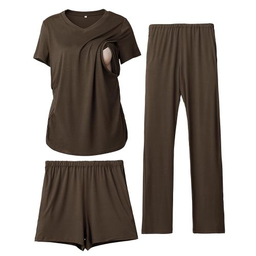 Rnxrbb 3 Piece Women's Maternity Nursing Pajamas Set V Neck Breastfeeding Pjs Sleepwear Postpartum Shorts&Pants Pockets